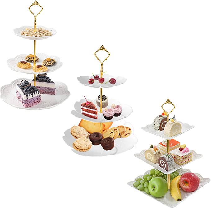 Photo 1 of 3 Set 3 Tier White Dessert Stands, Plastic Tiered Cake Stands, Fruit Candy Display Includes Square/Sakura-Shaped/Round Dessert Tiered Stand for Wedding Birthday Family Party
