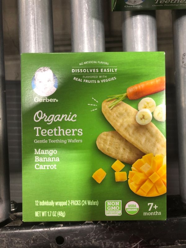 Photo 2 of Gerber Snacks for Baby Teethers, Organic Gentle Teething Wafers, Mango Banana Carrot, 1.7 Ounce, 12 Count Box
2 PACK EXPIRES SEPT 28 2022