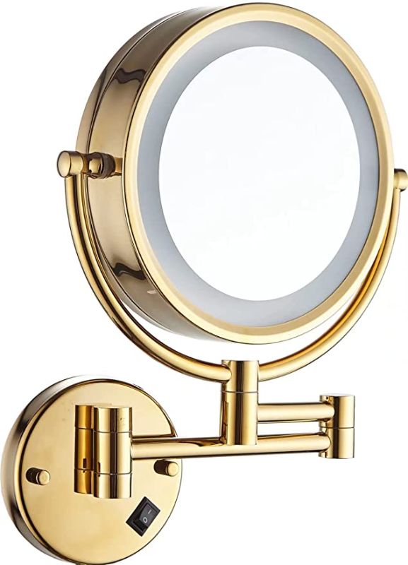 Photo 1 of Cavoli Wall Mounted Makeup Mirror with LED Lighted 3 Tones LED Lights. Gold Finish 10x Magnification, Double Sided 8.5-inch, Plug Powered, Made of Brass
