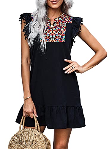 Photo 1 of KIRUNDO Women's Summer Mini Dress Casual V Neck Floral Embroidery Ruffle Sleeveless Shift Dress Flowy Boho Dress (M)
