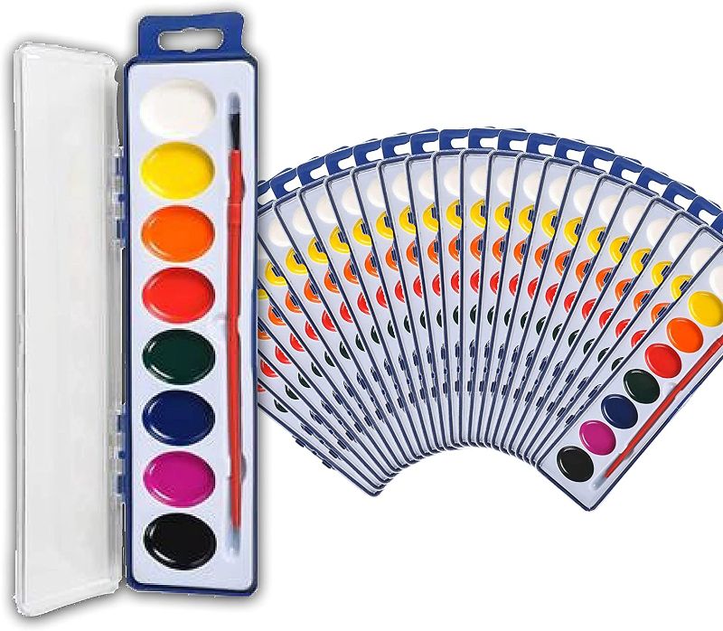 Photo 1 of 24 Watercolor Paint Set For Kids and Adults - Bulk Pack of 24 Watercolor sets - Watercolor Paints In 8 Colors - Perfect for Preschool Classroom, Children's Art School , Party Favors - Paintbrushes Included
