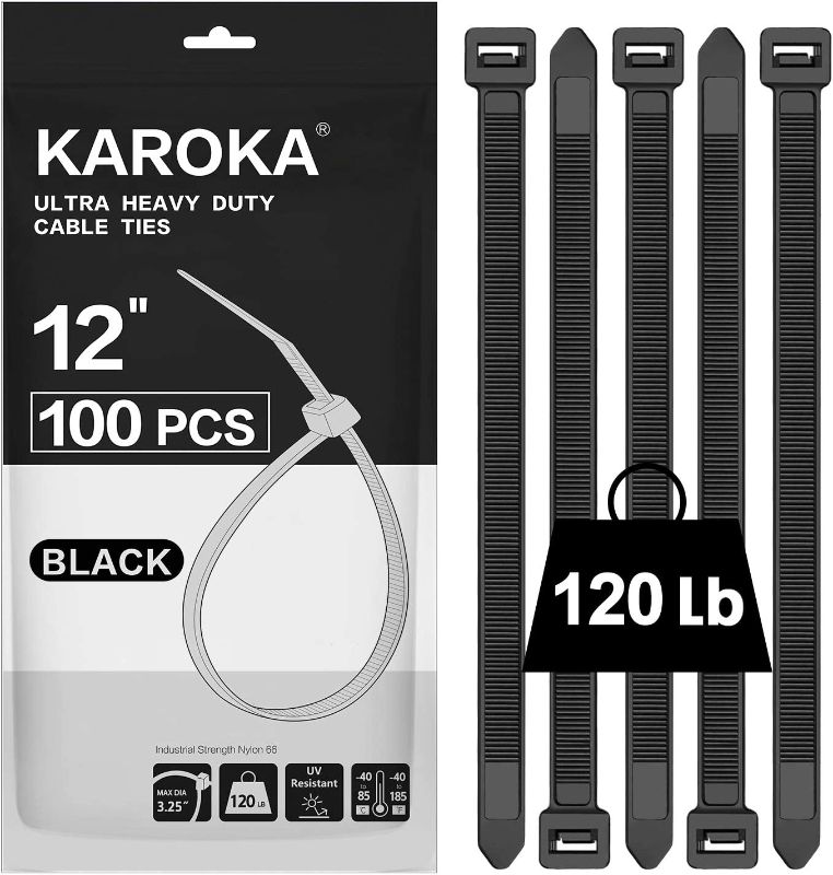 Photo 1 of Zip Ties 12 inch Heavy Duty Zip Ties with 120 Pounds Tensile Strength, Black Cable Ties, 100 Pieces ,by Karoka
