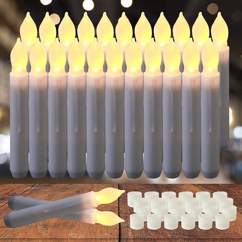 Photo 1 of Amagic 24Pcs LED Taper Candles with Cream White Flickering Light, HP Candles Floating, Battery Operated Taper Candles, Handheld Electric candlesticks for Fireplace Church Party Christmas
