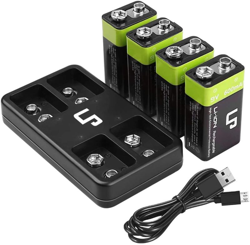 Photo 1 of 9V Rechargeable Battery Charger Pack, LP 4-Pack 600mAh 9 Volt Li-ion Batteries & 4-Bay Battery Charger for Alarms, Wireless Microphones, Smoke Detectors, Toys, Flashlights, Guitar, Keyboard & More
