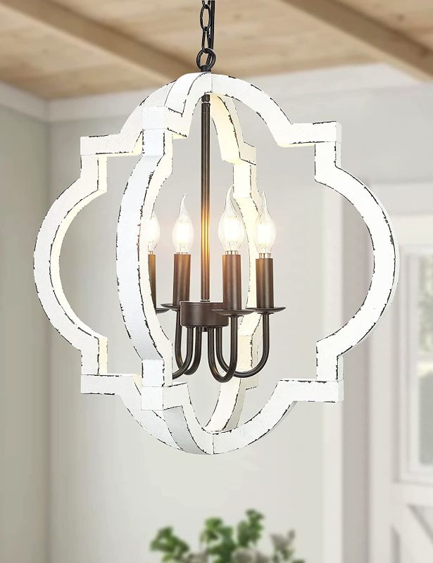 Photo 1 of 21.7" Farmhouse Wood Chandelier Light Fixture, 4-Light Handmade Distressed White Geometric Hanging Pendant Lighting for Dining Room, Kitchen Island, Entryway, stairwell (Colour: White)
