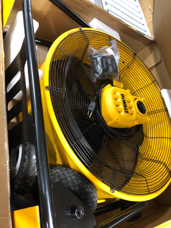 Photo 4 of DEWALT Drum Fan High-Velocity Industrial, Drum, Floor, Barn, Warehouse Fan, Heavy Duty Air Mover with Adjustable Tilt & Large Wheel, 24", Yellow DXF2490 use for parts