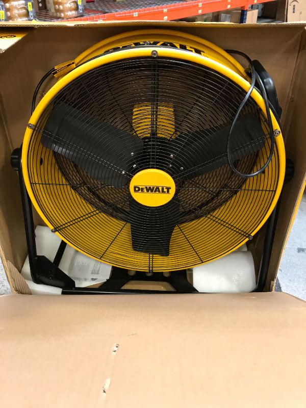 Photo 3 of Parts only-----DEWALT Drum Fan High-Velocity Industrial, Drum, Floor, Barn, Warehouse Fan, Heavy Duty Air Mover with Adjustable Tilt & Large Wheel, 24", Yellow DXF2490 use for parts