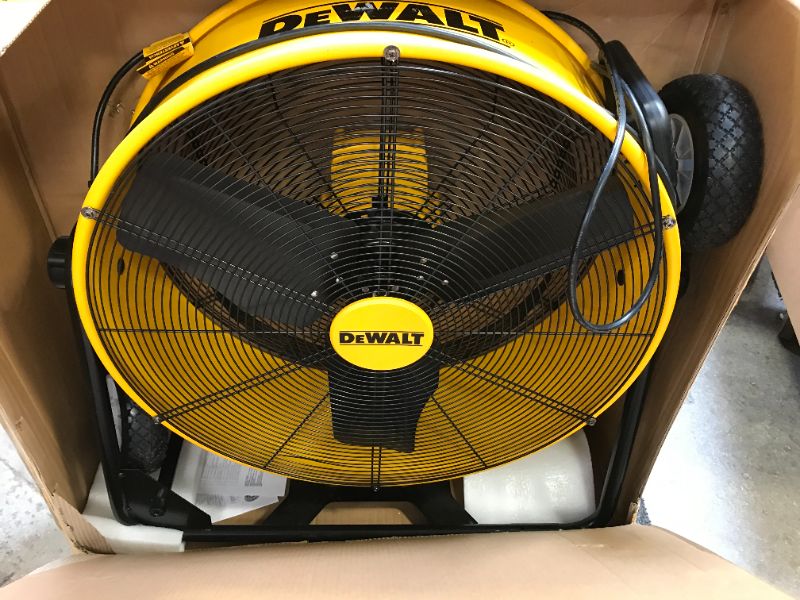 Photo 2 of Parts only-----DEWALT Drum Fan High-Velocity Industrial, Drum, Floor, Barn, Warehouse Fan, Heavy Duty Air Mover with Adjustable Tilt & Large Wheel, 24", Yellow DXF2490 use for parts