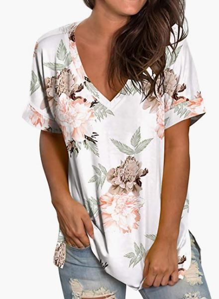 Photo 1 of SAMPEEL Womens Summer Tops Floral Short Sleeve V Neck T Shirts Tee Printed Side Split Tunic XL