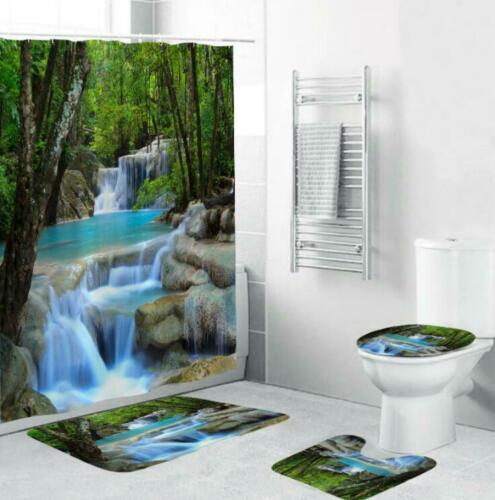 Photo 1 of 4PCS/Set 3D Waterfall Forest Waterproof Shower Curtain Scenery Polyester Bath Curtain Natural Landscape Bathroom Rugs Toilet Lid Cover Bathroom Decor 