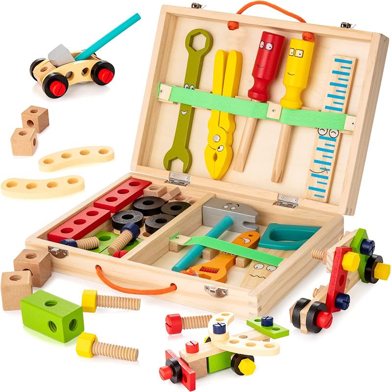 Photo 1 of KIDWILL Tool Kit for Kids, 36 pcs Wooden Toddler Tools Set Includes Tool Box, Montessori Educational Stem Construction