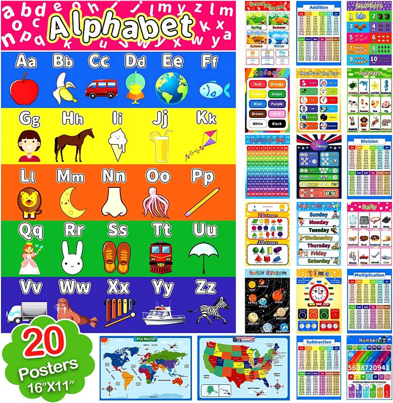 Photo 1 of Educational Posters for Toddler Kids Homeschool Supplies for Nursery Preschool Kindergarten Classroom Décor Learning Posters Teach Numbers Alphabet Colors Shapes Math Solar System and More