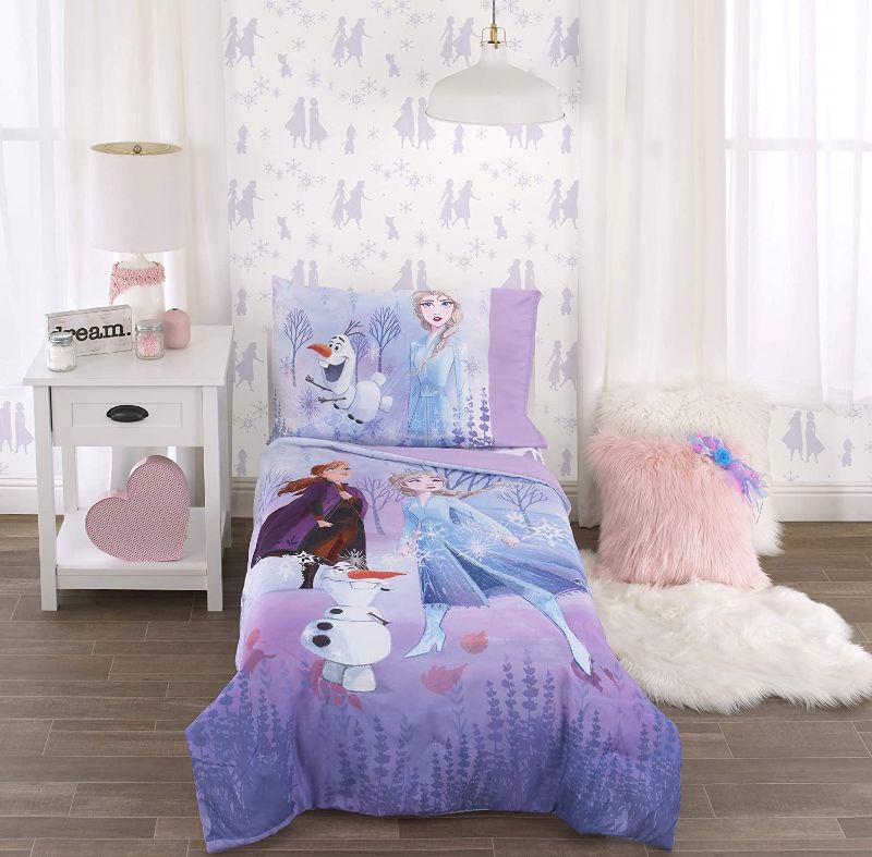 Photo 1 of Disney Frozen 2 Lavender, Light Blue and Purple Forest Spirit 4 Piece Toddler Bed Set - Comforter, Fitted Bottom Sheet, Flat Top Sheet, Reversible Pillowcase
