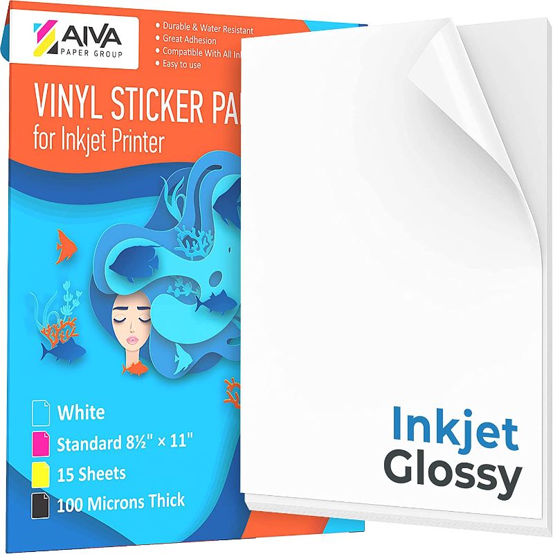 Photo 1 of Printable Vinyl Sticker Paper for Inkjet Printer - Glossy White - 15 Self-Adhesive Sheets - Waterproof Decal Paper - Standard Letter Size 8.5"x11"
