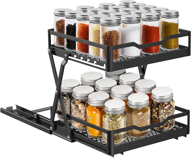 Photo 1 of Pull Out Spice Rack Organizer, Collapsible Spice Rack Pull Out Drawer 2 Tier Height Adjustable Sliding Seasoning Shelf Kitchen Cabinet Pantry Closet Organizer Heavy Duty Metal (Large)
