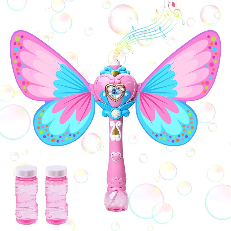 Photo 1 of Bubble Maker Machine for Kids, Kimiangel Handheld Butterfly Blower Toy with Light and Music for Parties, Weddings, Outdoor and Indoor, 1000+ Bubbles Per Minute with Bubble Solution
