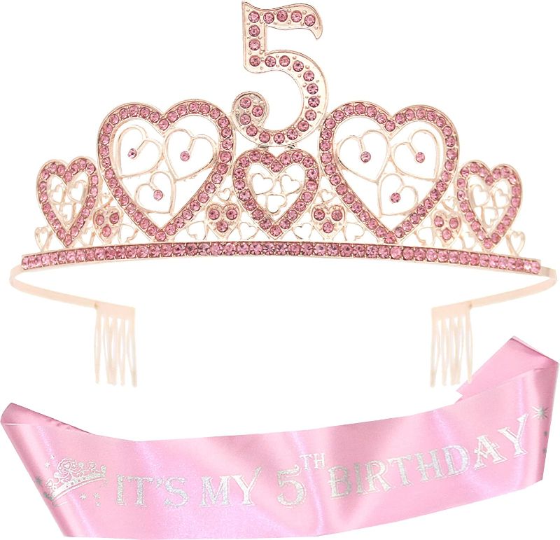 Photo 1 of 5th Birthday Decorations Girl, 5th Birthday Tiara, 5th Birthday Sash, 5th Birthday Crown,5 Year Old Birthday Crown for Girls,5th Birthday Tiara and Sash, Birthday Tiara for Girls 5, 5th Birthday Gifts
