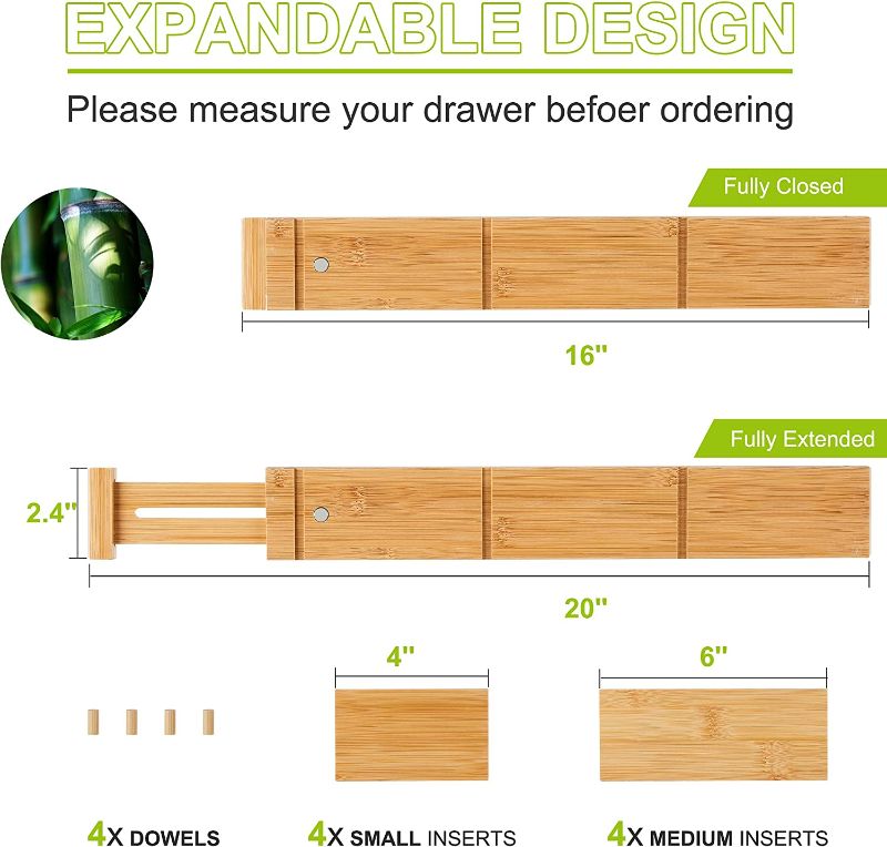 Photo 2 of Bamboo Drawer Dividers for Clothes With 8 Inserts, Drawer Dividers Kitchen Utensils(16-20IN) Adjustable Expandable Deep Spring Loaded Separators Organizer for Office Silverware Dressers and Bathroom 4 Pack­
