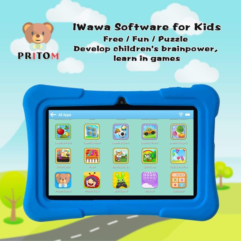 Photo 2 of Pritom 7 inch Kids Tablet, Quad Core Android 10, 16GB, WiFi, Bluetooth, Dual Camera, Educationl, Games,Parental Control, Kids Software Pre-Installed with Kids-Tablet Case (Dark Blue)
