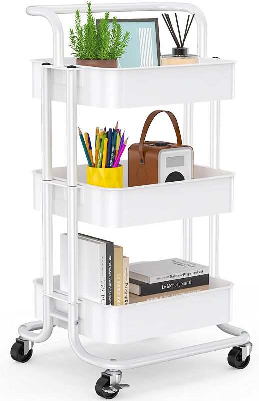 Photo 1 of 3 Tier Mesh Utility Cart, Rolling Metal Organization Cart with Handle and Lockable Wheels, Multifunctional Storage Shelves for Kitchen Living Room Office by Pipishell (White)
