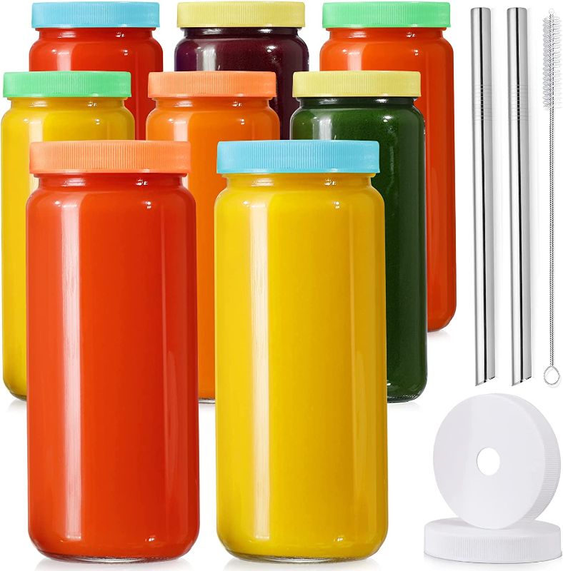 Photo 1 of 7 Pack Glass Juicing Bottle Drinking Jars with 2 Straws & 2 Lids w Hole- 16 OZ Travel Water Cups with Colored Airtight Lids, Reusable Tall Mason Jar for Juice, Boba, Smoothie, Tea, Kombucha
