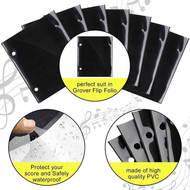 Photo 1 of 12 Pieces Flip Folder Pages Flip Folio Marching Band Music Files Holder Sheet Musical Flip Folder with 2 Holes 7.5 x 6.3 Inches PVC Waterproof Window Pages for Music Files (Black, Single Side)
