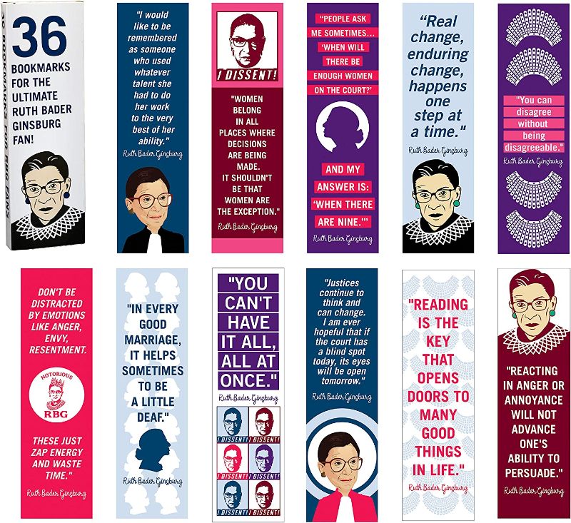 Photo 1 of 36-Pack of Ruth Bader Ginsburg Paper Bookmarks. Perfect for Women, Girls and Lawyers. These Cool, Cute, & Fun Book Marks Have Inspirational, Motivational Quotes by Feminist Judge "Notorious RBG".
