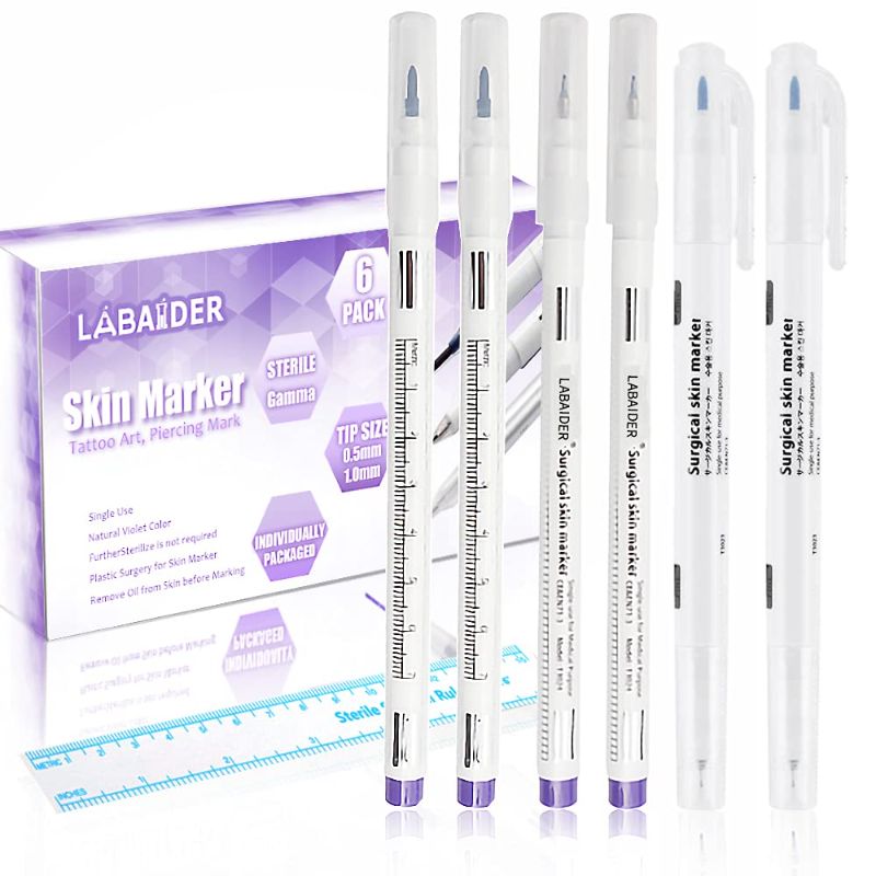 Photo 1 of 6Pcs Professional Surgical Tip Skin Marker Pen Sterile Tattoo Stencil Markers Pen with Paper Ruler for Eyebrow, Lips, Skin- Individually Sterile Wrapped (0.5MM&1MM)
