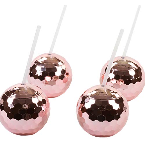 Photo 1 of Andaz Press 1970s Disco Ball 19 oz Drink Tumbler with Straw, Rose Gold Pink Champagne Copper, 4-Pack
