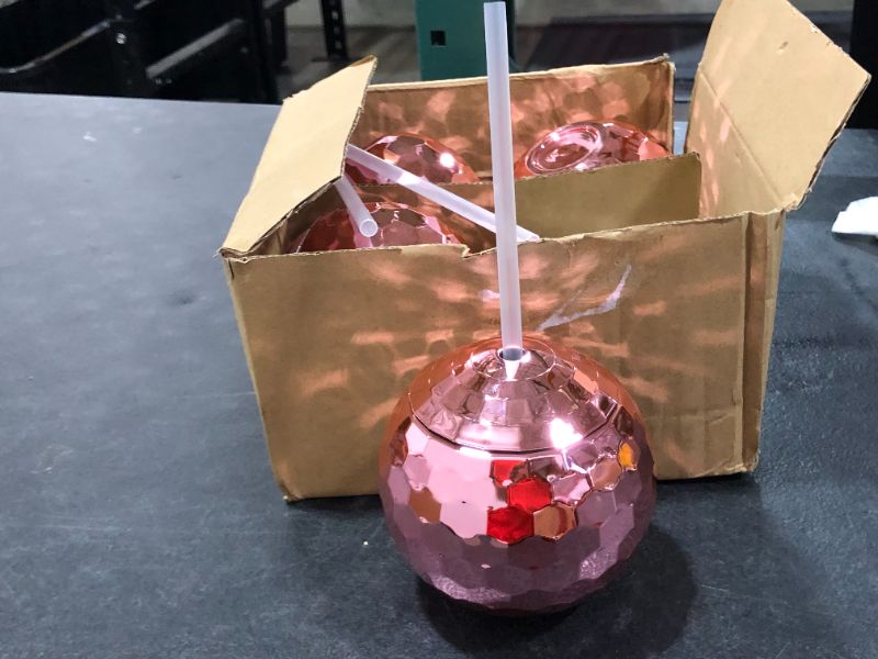 Photo 3 of Andaz Press 1970s Disco Ball 19 oz Drink Tumbler with Straw, Rose Gold Pink Champagne Copper, 4-Pack
