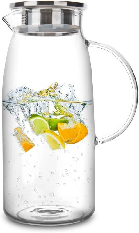 Photo 2 of 60 Ounces Glass Pitcher with Lid, Hot/Cold Water Jug, Juice and Iced Tea Beverage Carafe
