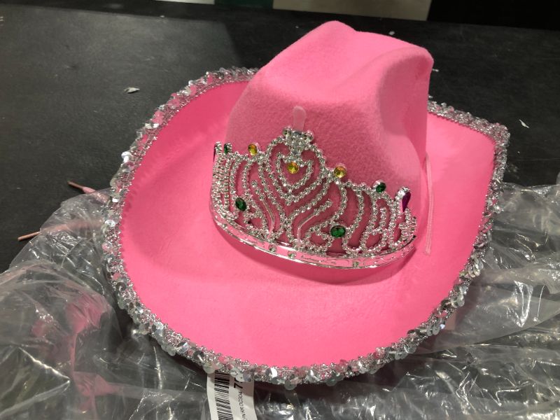 Photo 2 of GIFTEXPRESS Pink Cowboy Hat with Tiara - CHILD SIZE, Pinky Felt Cowboy Hat for Western Costume, CowGirl Pretend Plays
