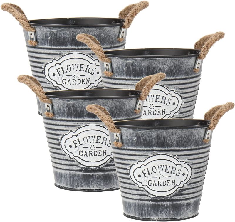 Photo 2 of Briful 4PCS Galvanized Buckets Farmhouse Metal Bucket Potted Black Galvanized Flower Bucket Home Indoor Outdoor Decorative Tin Planters
