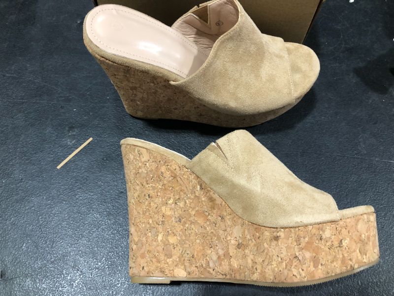 Photo 2 of /Womens Platform Wedge Slides Sandals Backless Peep Toe Slip On Summer Comfort Cork High Heeled Mules Size 8 1/2
