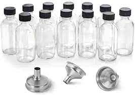 Photo 1 of 12, 2 oz Small Clear Glass Bottles (60ml) with Lids & 3 Stainless Steel Funnels - Boston Round Sample Bottles for Potion, Juice, Ginger Shots, Oils, Whiskey, Liquids - Mini Travel Bottles, NO Leakage
