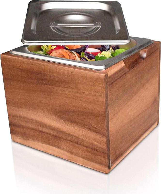 Photo 1 of BelleMark Kitchen Compost Bin- Smell Proof, Rust Proof Stainless Steel Insert, Countertop Compost Bin with Lid and Acacia Wood Box- Small Compost Bin Kitchen
