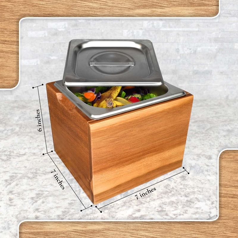 Photo 2 of BelleMark Kitchen Compost Bin- Smell Proof, Rust Proof Stainless Steel Insert, Countertop Compost Bin with Lid and Acacia Wood Box- Small Compost Bin Kitchen
