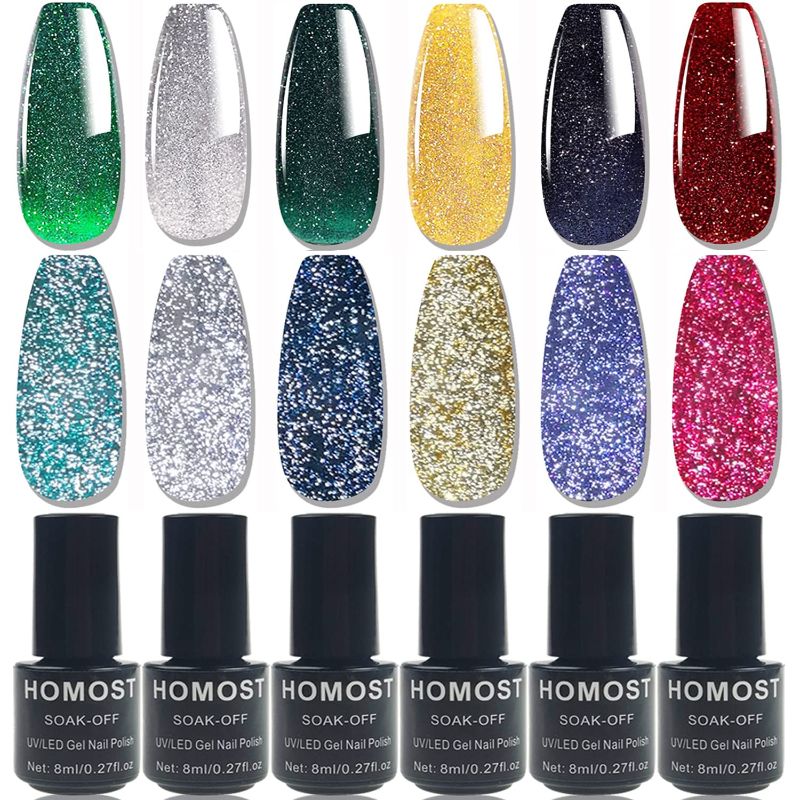 Photo 1 of HOMOST Glitter Diamond Gel Nail Polish Set, Reflective Glitter Gel Nail Polish Gold Green Red Silver New Year Nail Polish Kit
