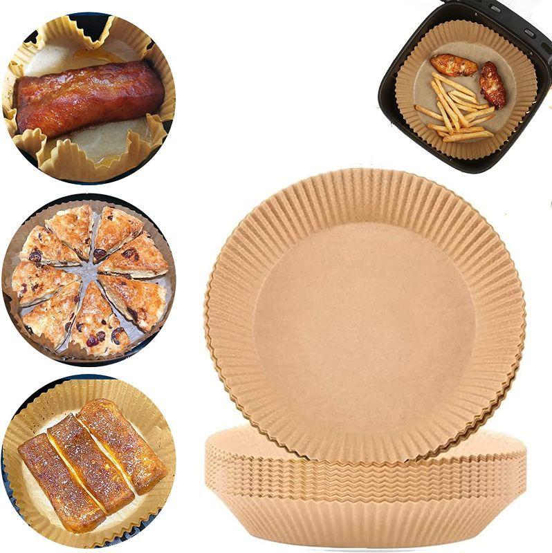 Photo 1 of Air Fryer Disposable Paper Liner - 50PCS 6.3 Inch  X 1.77 in Round Non-Stick Parchment Paper, Oil-proof, Water-proof Cooking Baking Roasting Filter Paper for Air Fryers Basket, Microwave Oven, Frying Pan
