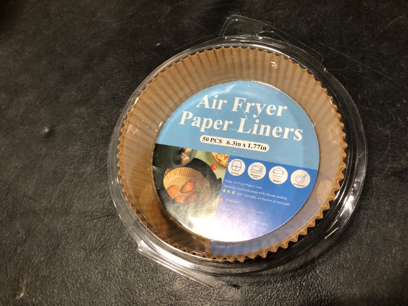 Photo 3 of Air Fryer Disposable Paper Liner - 50PCS 6.3 Inch  X 1.77 in Round Non-Stick Parchment Paper, Oil-proof, Water-proof Cooking Baking Roasting Filter Paper for Air Fryers Basket, Microwave Oven, Frying Pan
