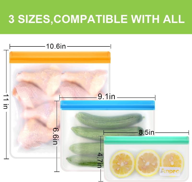 Photo 1 of Anpro Reusable Food Storage Bags Leakproof - 11 Pack Anpro BPA Free Freezer Bags (2 Reusable Gallon Bags, 5 Resuable Sandwich Bags, 4 Reusable Snack Bags), Silicone Bags for Lunch
