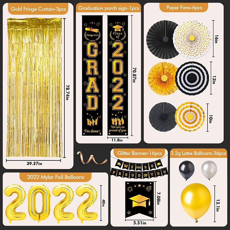 Photo 2 of 2022 Graduation Decorations kit -black and gold Graduation Party Decorations Supplies,Congrats Grad Banners,Balloons, Porch Sign,Foil Curtains,Huge 2022 School Graduation Party Set,48 Pcs
