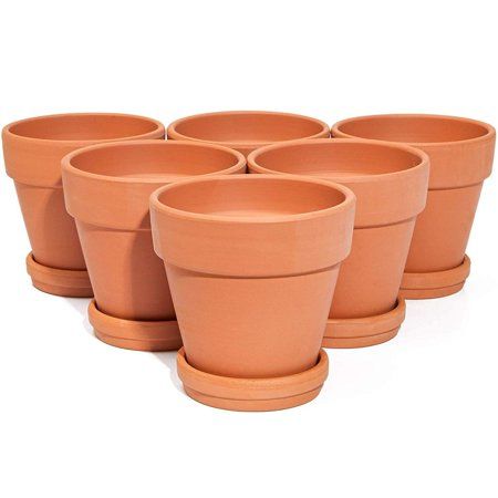 Photo 1 of 6x Mini Terra Cotta Terracotta Pots with Saucer Flower Clay Planters Small 4" 1 OF THE POTS IS BROKEN
