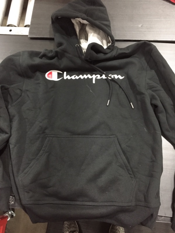 Photo 2 of Champion Powerblend Men's Hoodie, Script Logo - Black, M (GF89H)
