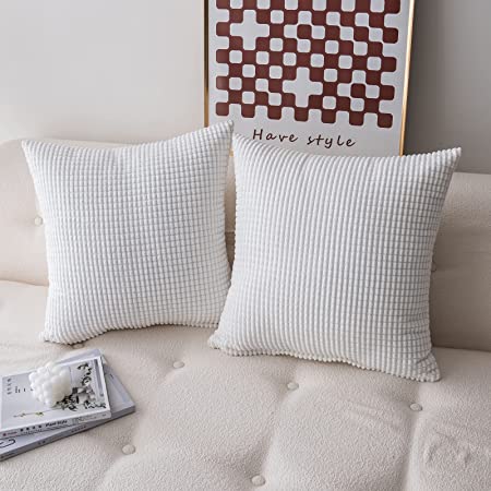 Photo 1 of Beda Home Corduroy Pillow Covers for Sofa Couch?Cosy Corn Design Decorative Square Soft Throw Covers with Invisible Zipper for Bed Chair(20"x20", White, Pack of 2)
