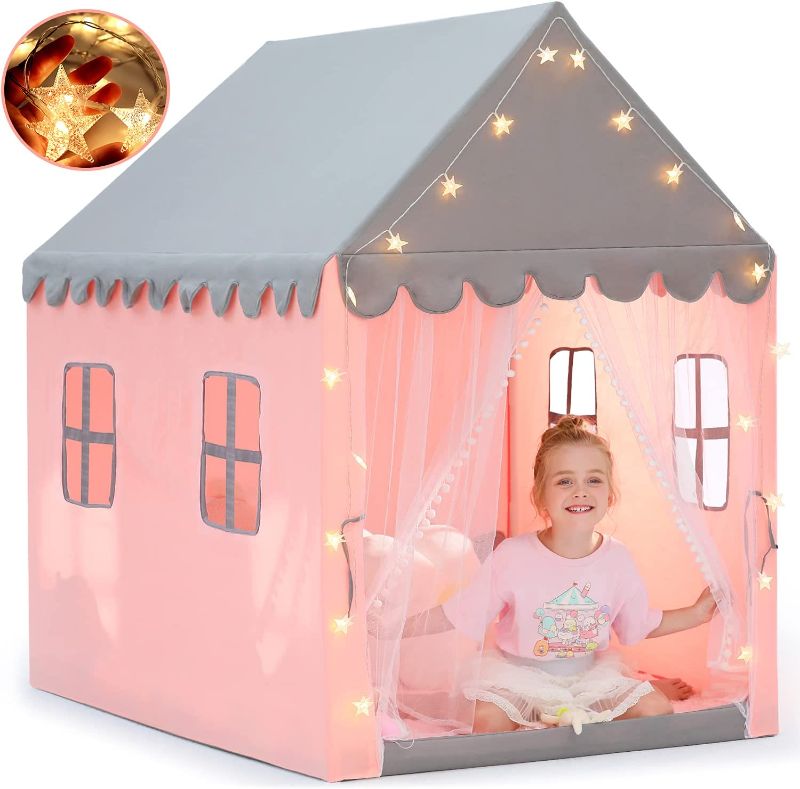 Photo 1 of Kids Play Tent for Girls, Princess Tent with Star Lights, Double Thick Pipes & 4 Windows, 50x57 Large Playhouse Indoor and Outdoor, Fairy Play Castle Toddler Tent, Easy Setup Gift for Children