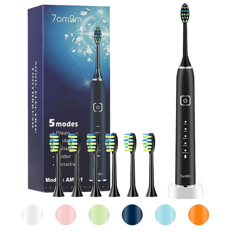 Photo 1 of 7am2m Sonic Electric Toothbrush with 6 Brush Heads for Adults and Kids, One Charge for 90 Days, Wireless Fast Charge, 5 Modes with 2 Minutes Build in Smart Timer, Electric Toothbrushes(Black)