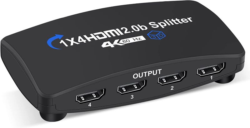 Photo 1 of 4K@60Hz HDMI Splitter 1 in 4 Out, Hdmi Video Splitter 1x4 V2.0b Powered, Support 1080P@120Hz Duplicate/Mirror Screen Monitor, Ultra HDR for Xbox, PS3/PS4 Game Consoles (1 Input to 4 Outputs)
