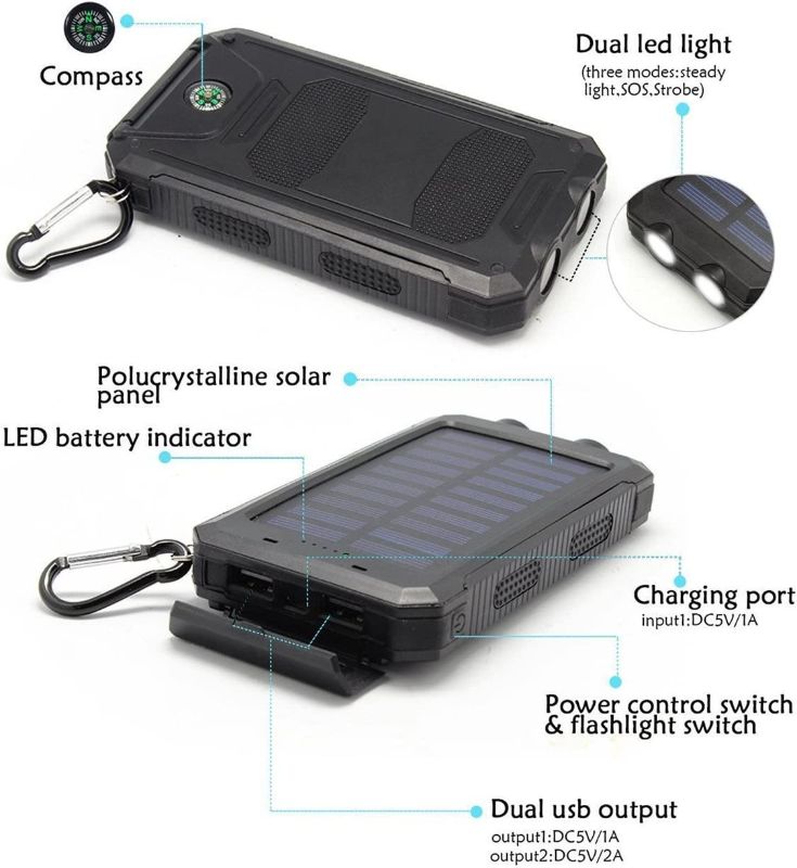 Photo 1 of Solar Charger Solar Power Bank 20000mAh Waterproof Portable External Backup Outdoor Cell Phone Battery Charger with Dual LED Flashlights Solar Panel for Compatible with All Smartphone (Black)
