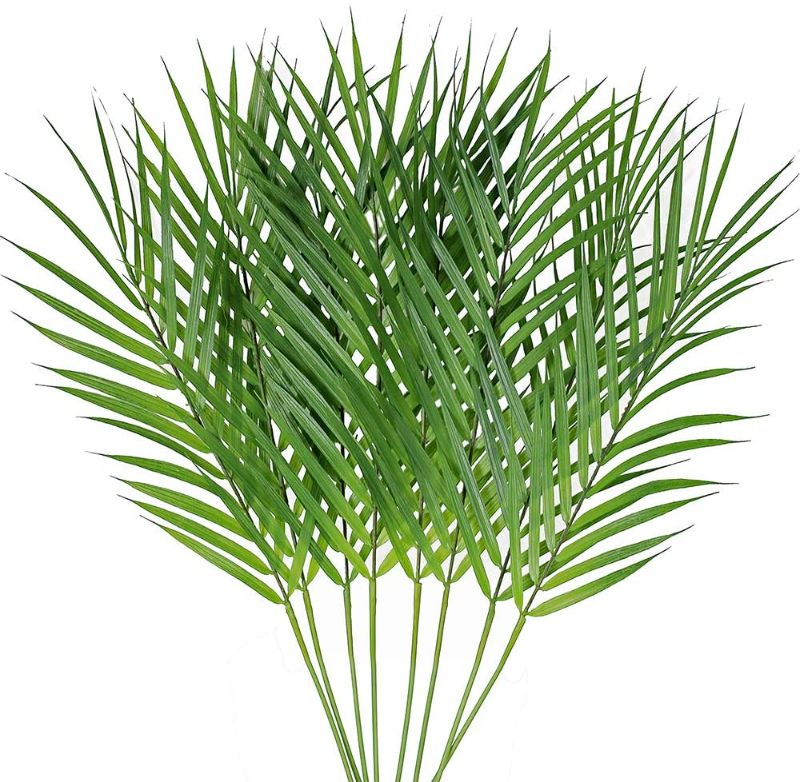 Photo 1 of 6 Pcs Artificial Areca Palm Leaves Stems Faux Palm Leaf Greenery Tropical Palm Tree Leaves Plants Faux Monstera Leaves for Palm Sunday Floral Arrangement Hawaiian Luau Jungle Beach Wedding Party
